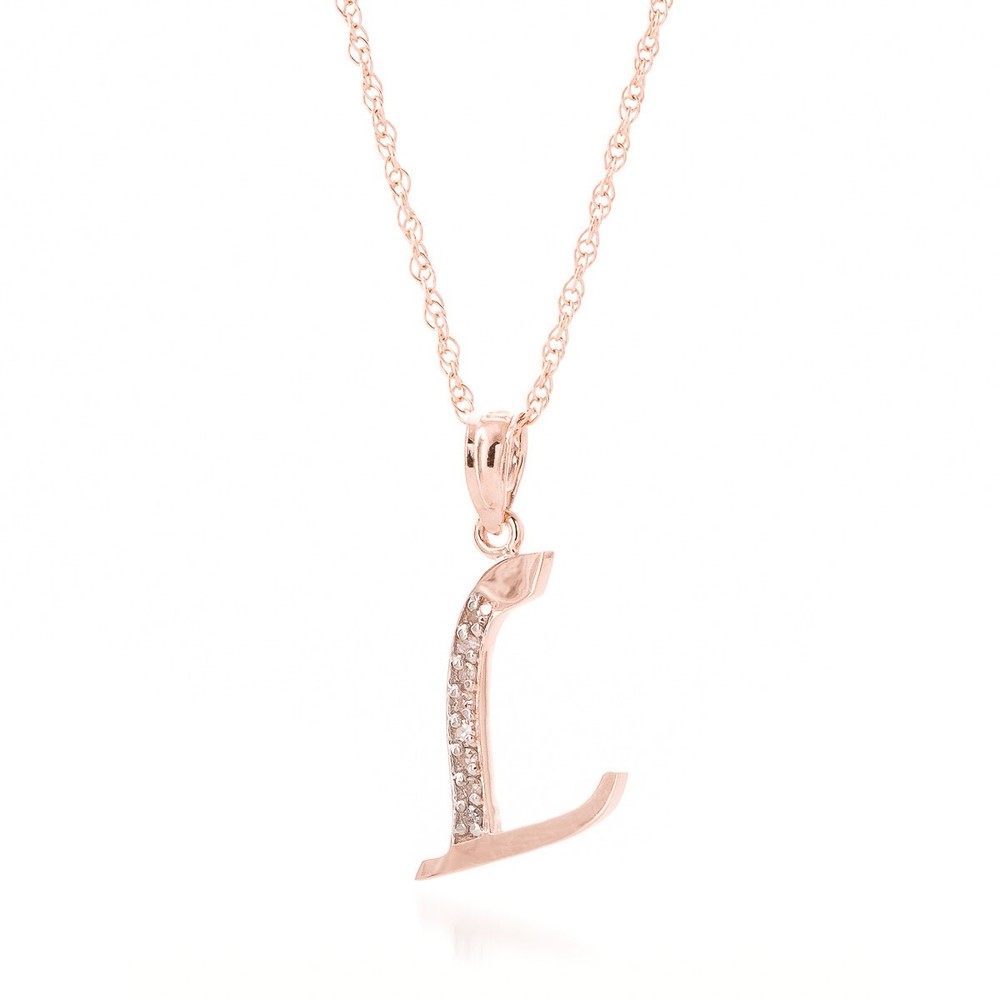 14K. SOLID GOLD NECKLACE WITH NATURAL DIAMONDS INITIAL 'L' PENDANT (Rose Gold)